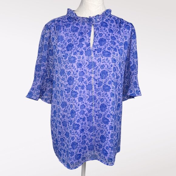J.Crew Floral Blouse Ruffle Neck Keyhole Front Flowy Sleeve Medium - Picture 1 of 9